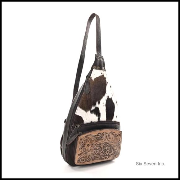 Genuine Cowhide Leather Sling Backpack Crossbody Bag Hand Tooled main image 4